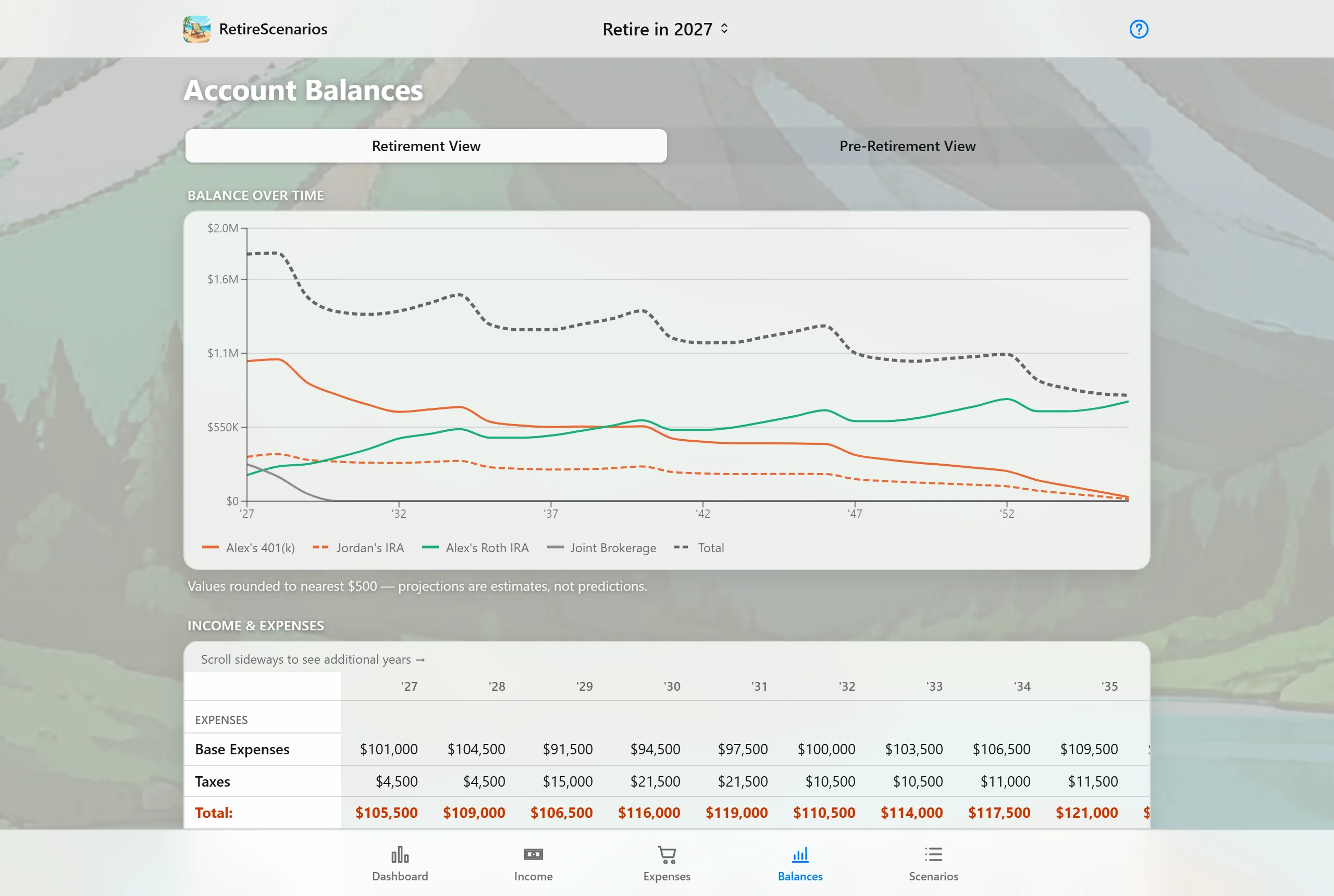 Account Balances chart: each account and the total portfolio plotted year by year from 2027 to 2056, with dips for scheduled bear markets