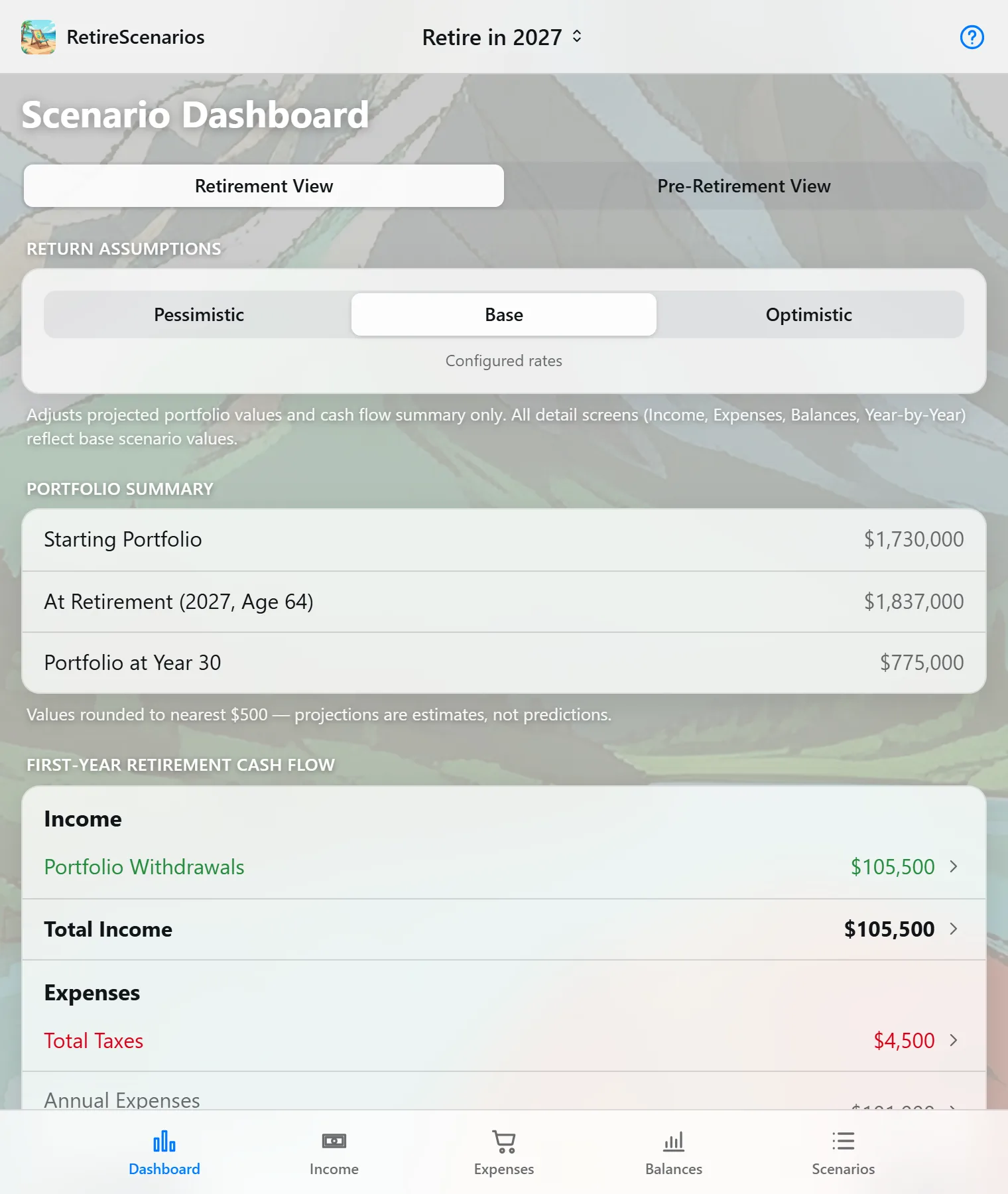 Scenario Dashboard: return assumptions, portfolio summary and first-year retirement cash flow