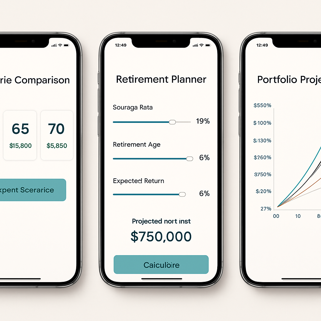 RetireScenarios app screens showing scenario comparison, sliders, and projection charts