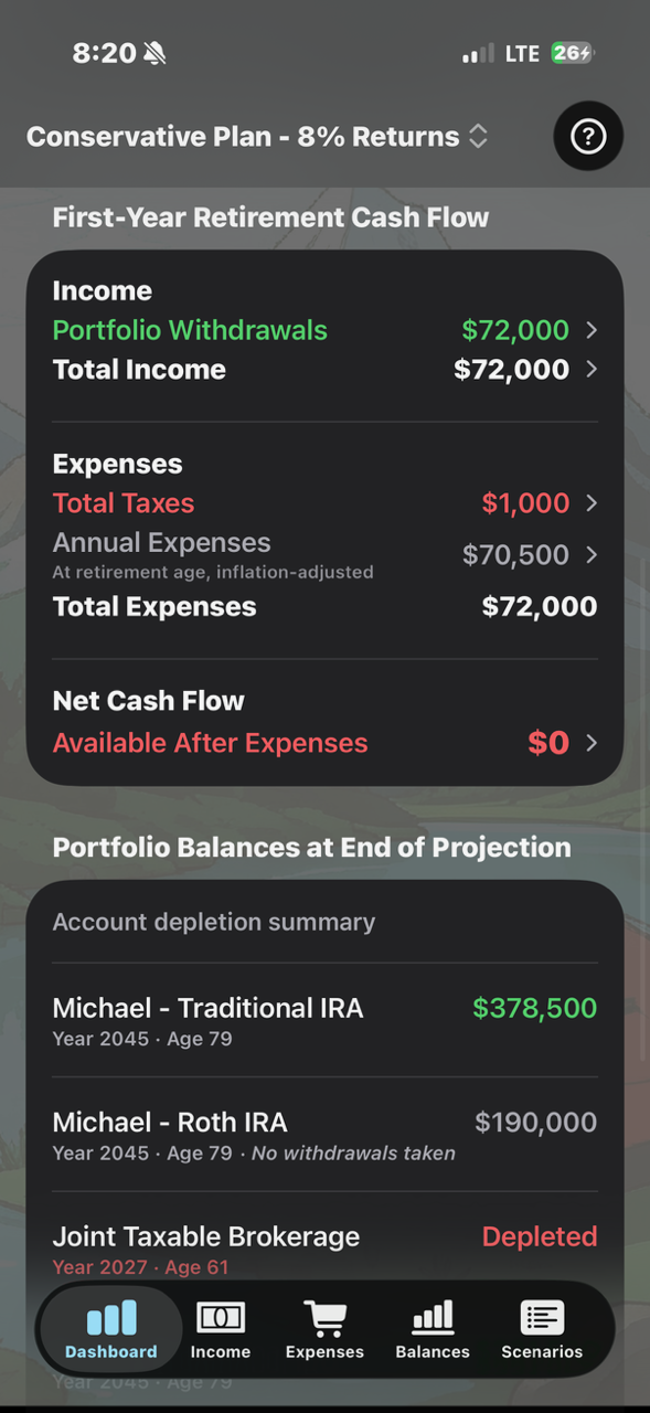 RetireScenarios app showing first-year retirement cash flow and portfolio balances