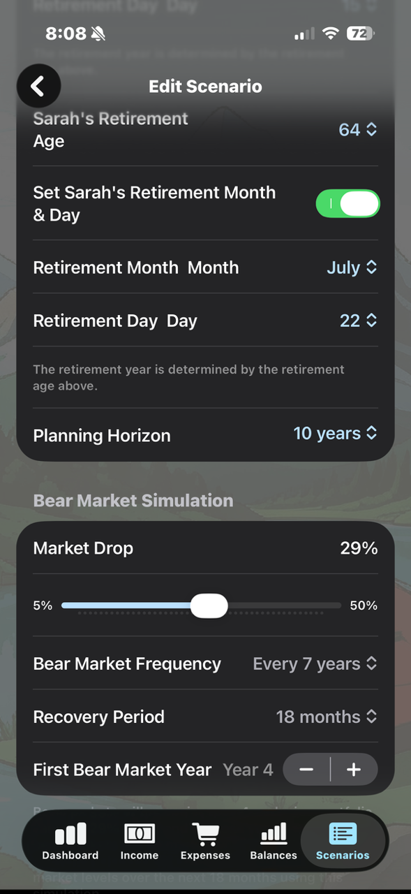 RetireScenarios Edit Scenario screen with bear market simulation controls