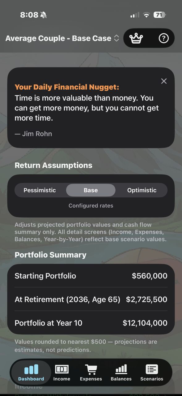 RetireScenarios Average Couple Base Case dashboard showing portfolio growth to $2.7M at retirement